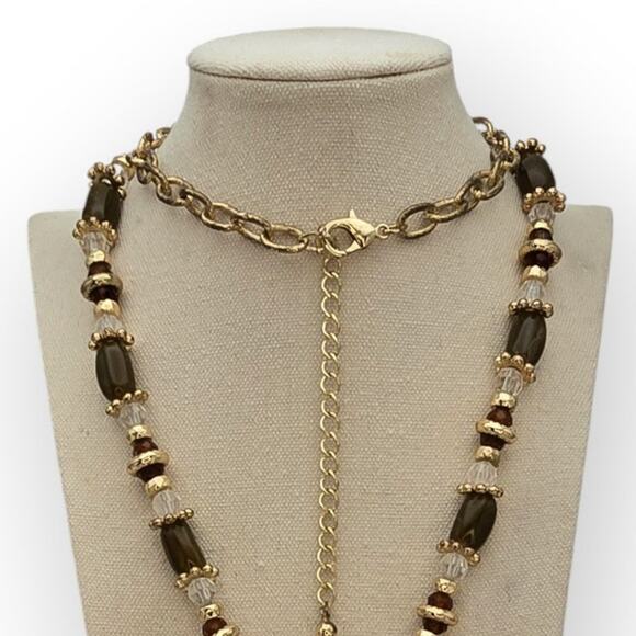 Amber Brown Gold Beaded Tassel Necklace – Vintage Boho Glam 1970s Style Jewelry - Picture 6 of 7